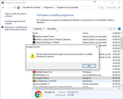 Messaddio d'errore disinstallazione Chrome