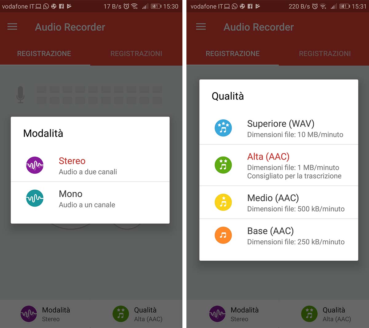 Impostazioni di registrazione Audio Recorder su Android