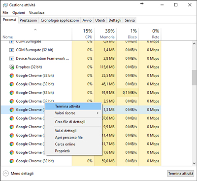 Terminare i processi di Google Chrome